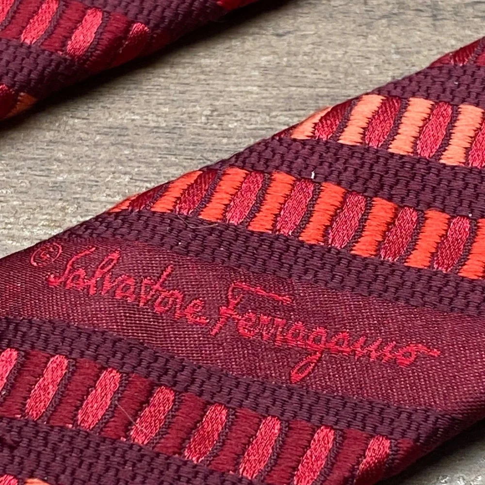 Salvatore Ferragamo Silk Necktie Geometric Stripe Italy Burgundy Orange Luxury